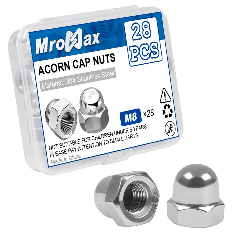 MroMax صواميل غطاء الجوز M8، 28 قطعة M8-1.25، من الفولاذ المقاوم للصدأ 304 (18-8) صمولة غطاء تاجية للبراغي، رأس قبة سداسي للاستخدام الداخلي والخارجي، تشطيب لامع - Image 1